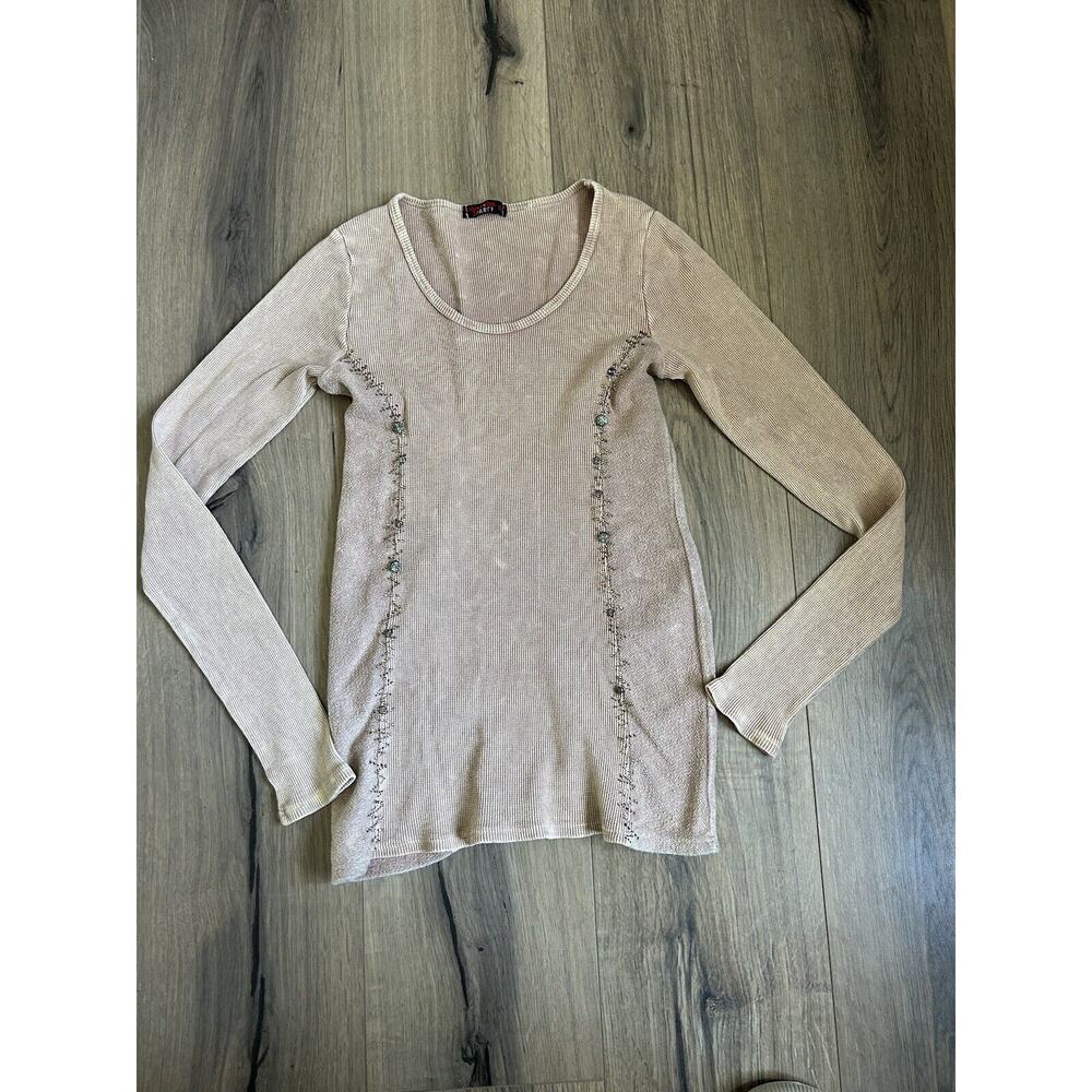 Vintage Y2K T Party Size Small Top Rhinestone Waffle Knit Long Sleeve Tee Beige